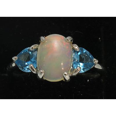 Sterling Silver Ring - Solid Opal & Blue Topaz