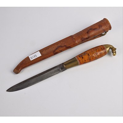 Vintage Knife with Wooden handle Topped with Brass Horse Finial - Hand Crafted Leather Sheath Marked Finland