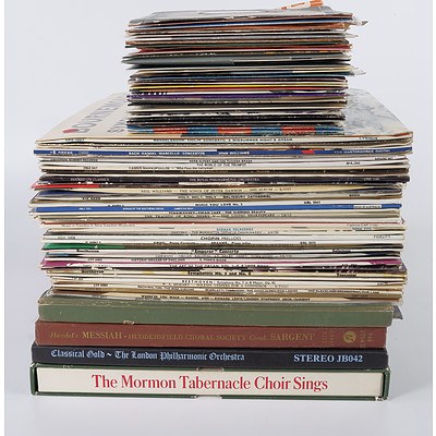 Quantity of Approximately 50 Vinyl Records and 30 Singles, Mostly Classical Music