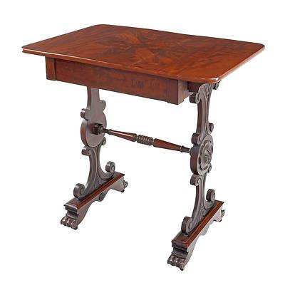 Victorian Mahogany Drop-Leaf Work Table with Scroll and Acanthus Carved Supports and Turned Stretcher, Circa 1880
