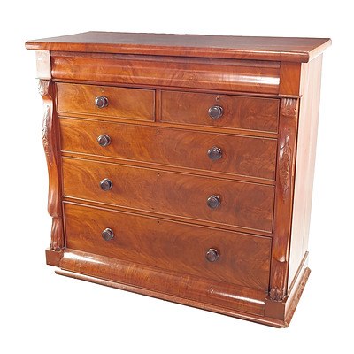 Large Mid-Victorian Flame Mahogany Chest of Six Drawers with Carved Floral and Claw Foot Columns