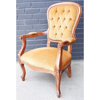 Victorian Style Mahogany Grandfather Chair with Brown Fabric Upholstery