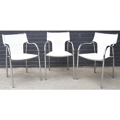 Set of Three Contemporary White Leather Upholstered and Chrome Framed Chairs