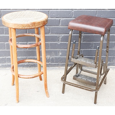 Retro Metal Framed and Vinyl Upholstered Kitchen Stool and a Vintage Bentwood Stool with Woven Rattan Seat (2)