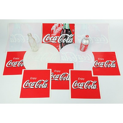 Ten Vintage Commercial Coca Cola promotional Stickers, Vintage Glass and Aluminium Coke Bottles