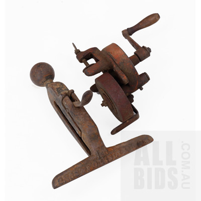 Vintage Disston & Sons Cast Iron bench Mounted Sharpening Vice and a Bench Mounted Hand Operated Grinding Wheel (2)