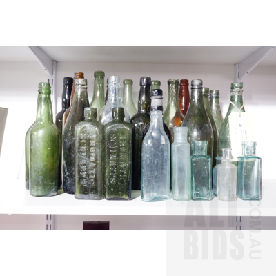 Collection of Vintage Brown, Green and Clear Glass Bottles