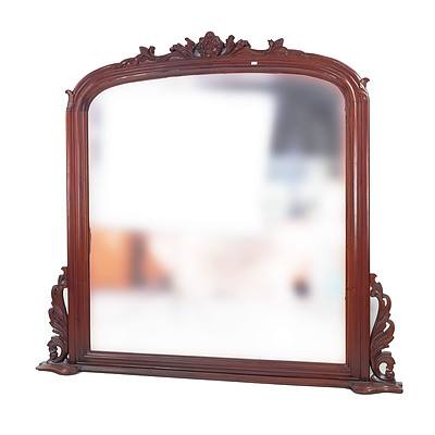 Large Victorian Mahogany Overmantle Mirror with Carved Acanthus Leaf Decoration