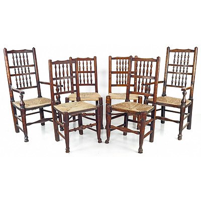 Set of Six Antique French Provincial Elm Spindleback Dining Chairs with Rush Seats Including Two Carvers