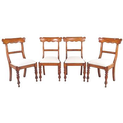 Set of Four Antique Fruitwood Dining Chairs with Linen Upholstered Seats, Mid 19th Century