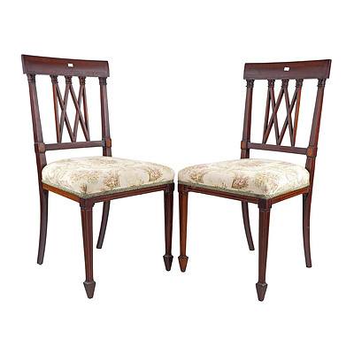 Pair of Edwardian Sheraton Revival Mahogany Side Chairs with String Inlay, Carved Decoration and Tapestry Upholstered Seats