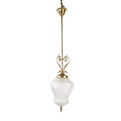 Antique Style Brass Pendant Light with Etched Glass Shade
