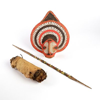 PNG Hand Decorated Tribal Woven Grass Wall hanging, Hand Spear and Skin Bound Smoking Ceremony Piece (3)