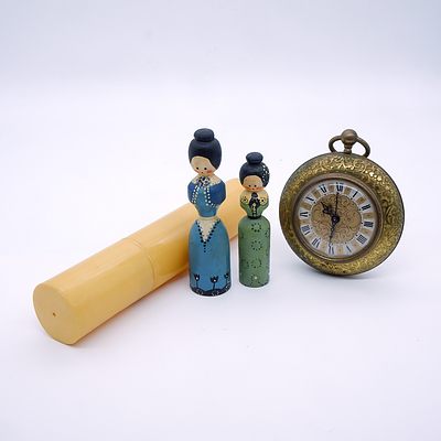 Vintage Swiss Helveco 7 Jewel Goliath Pocket Watch, Two Hand Painted Wooden Dolls and a Vintage English Xylonite Container