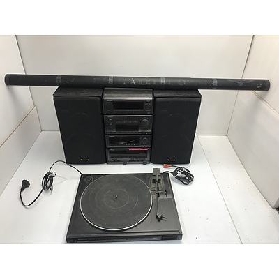 Technics Stereo With Phoenix Sound Bar and Kenwood Turntable