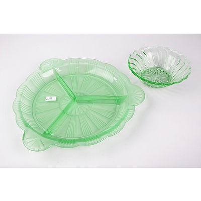 Art Deco Uranium Glass Sectioned Serving Dish and Small Ribbed Bowl