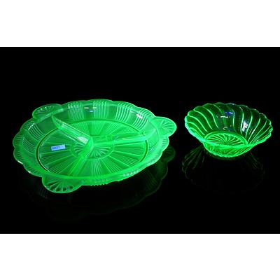 Art Deco Uranium Glass Sectioned Serving Dish and Small Ribbed Bowl