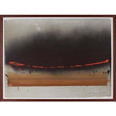 Tim Storrier (born 1949), Blaze Line Quartet: i) Site Blaze Line (Installation); ii) Point to Point (A Journey/ Across); iii) Reflected Line (Evening) (Installation), iv) Fire (Elements), Lithograph