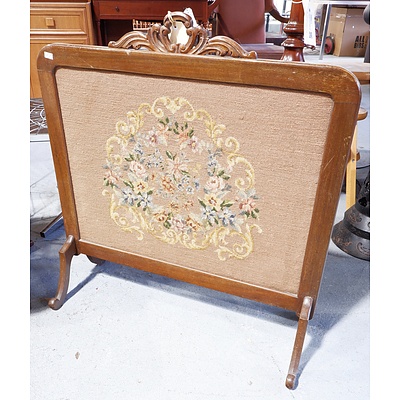 Antique Timber Framed Fire Screen with Tapestry Towel