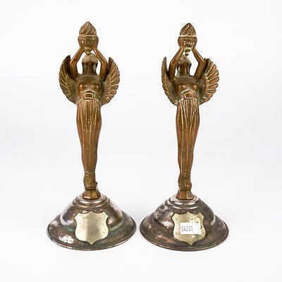 Pair of Art Deco Brass Winged Female Figures Set on Silver Plated Trophy Base