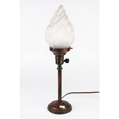 Art Deco Copper Based Table Lamp with Frosted Glass Flame Shade