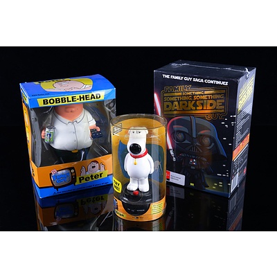 New in Box Family Guy Darkside DVD Box Set, Peter Bobble Head and Animated Brian Figurine