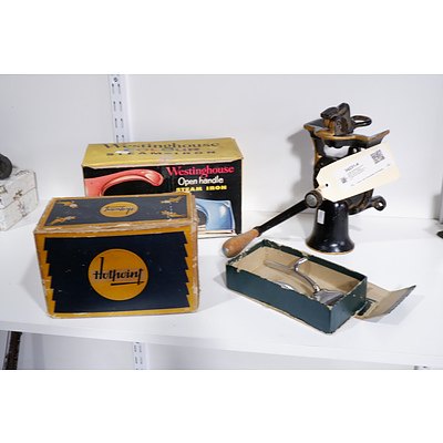 Vintage Westinghouse and Hotpoint Irons in Original Boxes, Brown and Sharpe Hair Clippers and Spong Mincer (4)