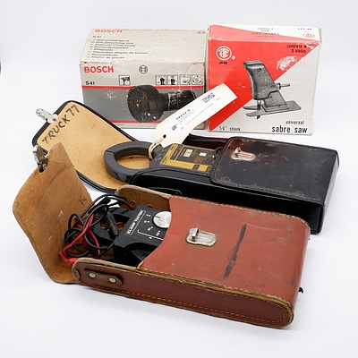 Two Vintage Clamp Current Testers including Hioki, Vintage Jigsaw Attachment and Bosch Drill Sharpener (4)