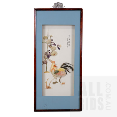 Framed Asian Mother of Pearl Artwork Depicting Rooster and Blossoms