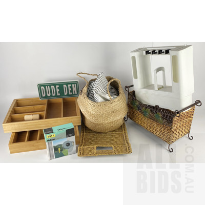 Collection of Homewares and Storage Items, Including Cane Tray, Cleaning Caddy and Retractable Clothesline