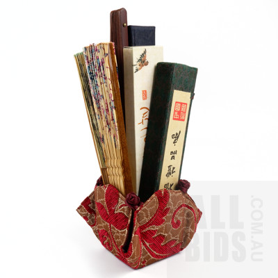 Six Vintage Asian Hand Fans and a Soft Brocade Box