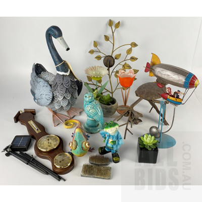 Large Assortment of Indoor Garden Statues, Faux Succulents, Barometer and Two Flower Frogs