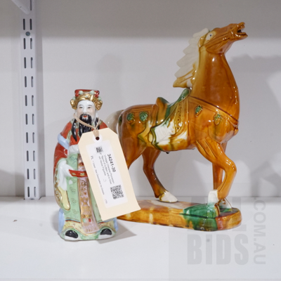 Vintage Chinese Porcelain figure of a Man and a Glazed Horse Figurine