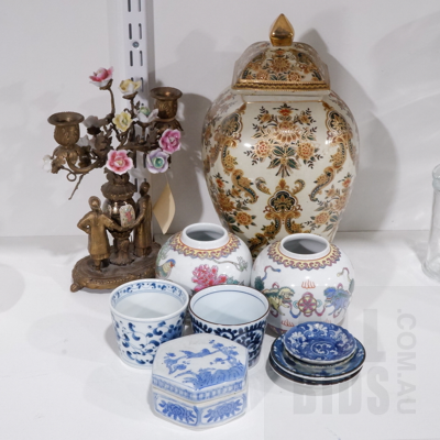Assorted Vintage Chinese Porcelain , Brass Candelabra with Porcelain Insert