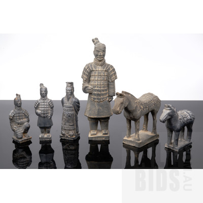 Four Chinese Clay Warrior Figurines and Two Horses