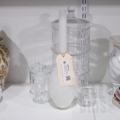 Assorted Glass Storage Jars, Etched Votive Holder and Milk Glass Vase