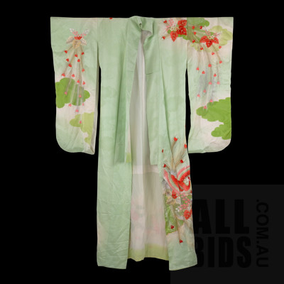 Vintage Mint green Lined Silk Kimono Handstitched and Embroidered with Floral and Peacock Motifs
