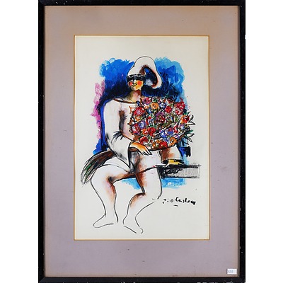 A Framed Drawing of a Harlequin, Pastel on Paper