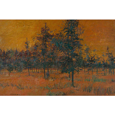 Clem Millward (born 1929), 'Native Pines, Dusk,' 1980-81, Oil on Ply