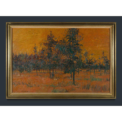 Clem Millward (born 1929), 'Native Pines, Dusk,' 1980-81, Oil on Ply
