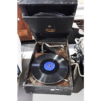 Antique HMV Portable Gramophone with a Selection of Records