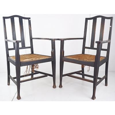 Pair of Antique Rush Seated Armchairs
