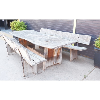 Very Large Rustic Hardwood Outdoor Table with Two Bench Seats