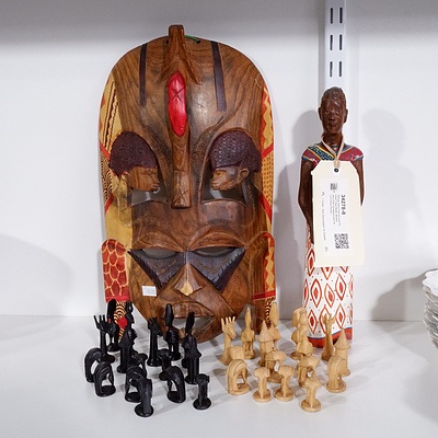African Hand Carved and Painted Tribal Mask, Mother and Child Sculpture and Set of Chess Pieces