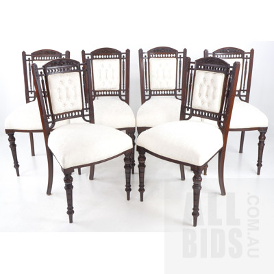 Six Edwardian Walnut Dining Chairs with White Buttoned Fabric Upholstery, Early 20th Century