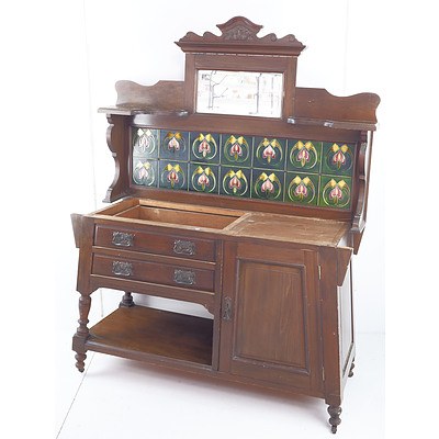 Edwardian Walnut Sideboard with Mirror Above and Original Art Nouveau Tiles