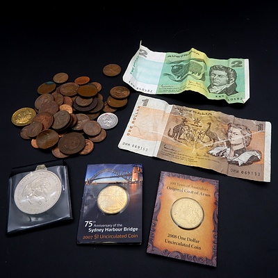 Assorted Australian Notes and Coins including Two RAM Commemorative $1 Coins