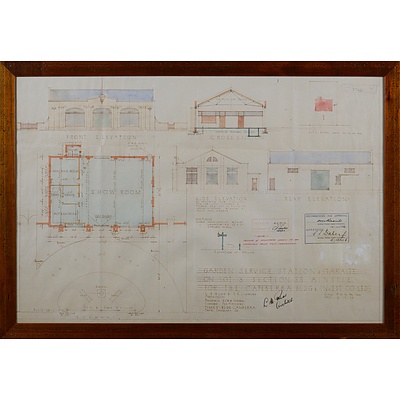 L. H. Rudd & D. E. Limburg Architects, Plans for Garden Service Station and Garage, Ainslie, for the Canberra Building and Investment Co. Ltd 1926 , Ink & Watercolour, 46 x 68 cm