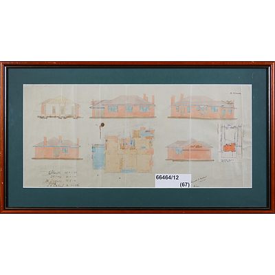 Kenneth Oliphant (1896-1975), Turner Brick Residence Plans for Mrs M. D. Kirkpatrick 1945, Ink and Watercolour, 28 x 62 cm