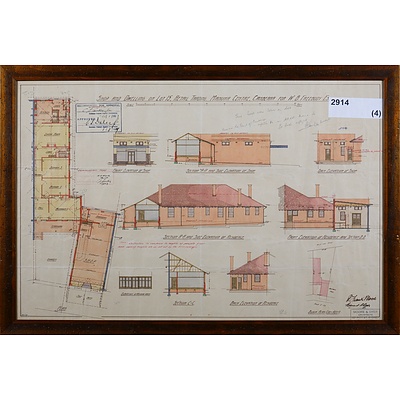 Moore & Dyer Architects, Plans for Shop and Dwelling, Manuka Centre, for Mr W. B. Freebody Esq. 1927, Ink and Watercolour, 45 x 65 cm (image size)